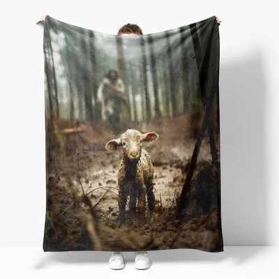 Jesus Walking with Lamb Blanket featuring a realistic forest scene