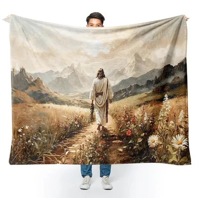 Jesus Walking Wildflower Mountain Blanket features a robed