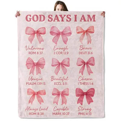 God Says I Am Pink Blanket With Bows and Bible Verses