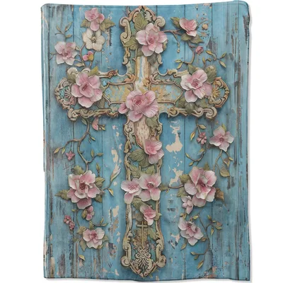 Pink Blossom Cross Blanket: Rustic Floral Faith Throw