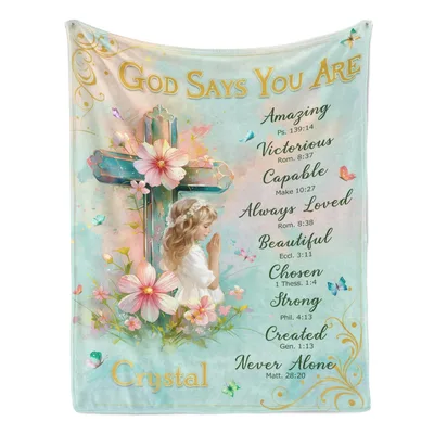 God Says You Are Cross Blanket with Floral Design and Name