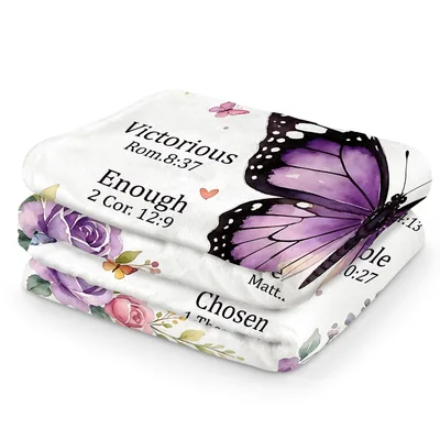Purple Butterfly Scripture Verses Blanket with Victorious and Chosen