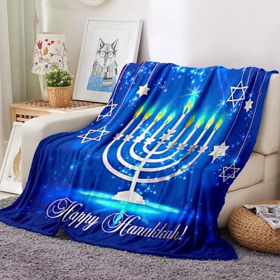 Happy Hanukkah Menorah Design Blanket: Shining Candles and Stars