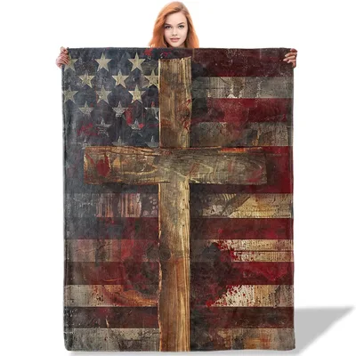 Vintage American Flag Cross Blanket: Rustic Faith and Patriotism