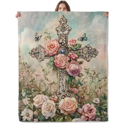 Floral Cross with Roses Blanket: Ornate Jewelry and Pink Roses
