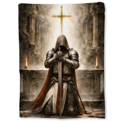 Medieval Knight Praying Blanket: Hooded Crusader with Sword