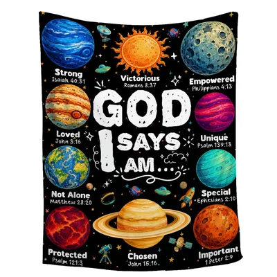Planets with Scripture Verses Blanket: God Says I Am Space Design