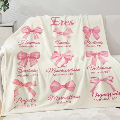 Pink Bows Spanish Scripture Blanket: Eres Design with Pink Ribbons
