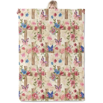 Watercolor Cross with Flowers Blanket: Faith Inspired Floral Design
