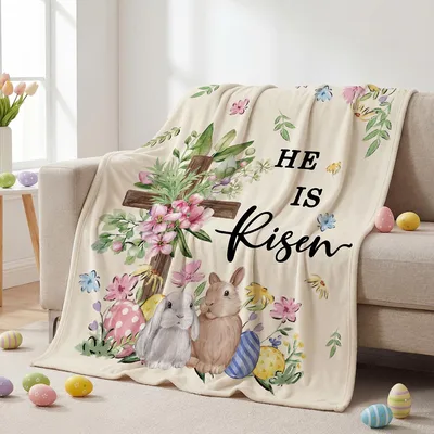 He Is Risen Easter Blanket with Cross and Bunny Artwork