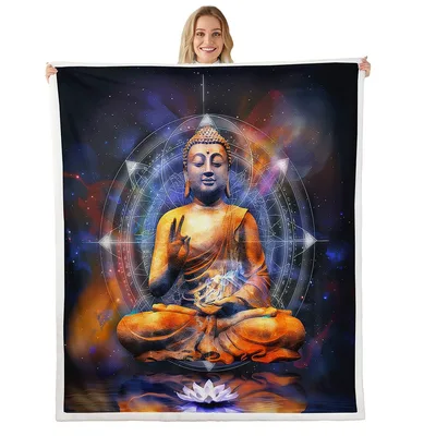 Meditating Buddha in Cosmos Blanket: Cosmic Art with Geometric Lines
