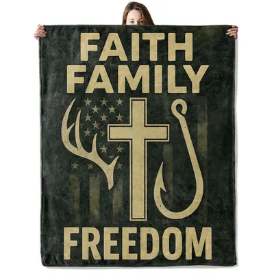 Faith Family Freedom Cross Blanket featuring rustic antlers