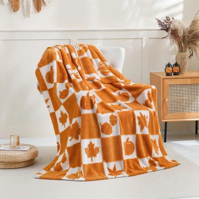 Cozy Fall Checkered Blanket with Pumpkins and Leaves