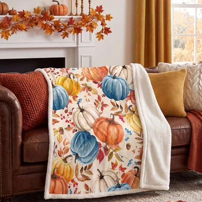 Fall Harvest Blanket: Watercolor Pumpkins and Autumn Leaves Design