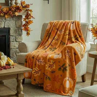 Thanksgiving Throw Blanket with Fall Leaves and Pumpkins