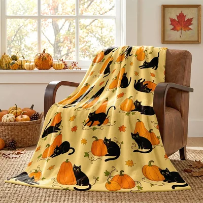 Fall Cat Lover Blanket: Black Cats Among Pumpkins