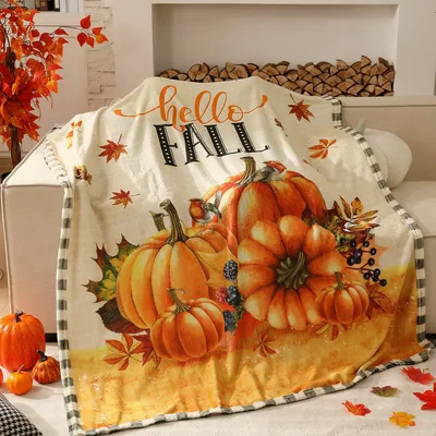 Hello Fall Blanket with Pumpkins and Autumn Leaves