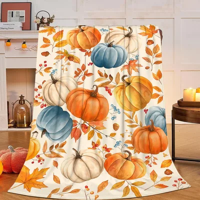 Cream Harvest Pumpkins with Berry Sprigs Blanket for Fall