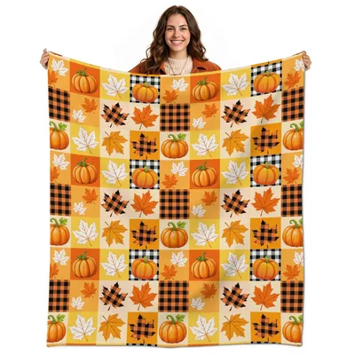 Autumn Plaid Pumpkin Leaf Blanket: Cozy Fall Patchwork Design