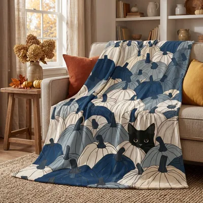 Cat Lover Fall Blanket with Pumpkins and a Black Cat