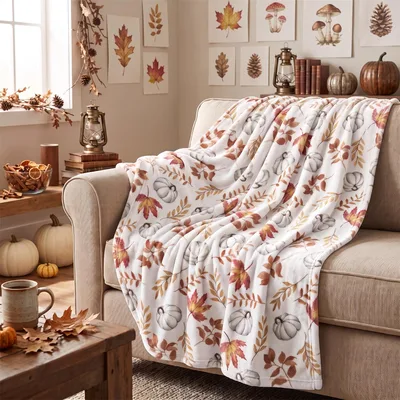 Thanksgiving Autumn Blanket with Leaves and Pumpkins