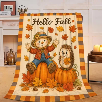 Fall Scarecrow Blanket with Hedgehog and Pumpkins