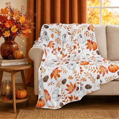 White Harvest Pumpkins Blanket for Cozy Fall Evenings