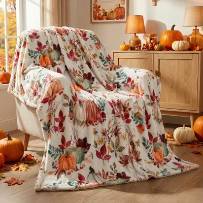 Cream Harvest Pumpkins with Scarlet Leaves Blanket for Fall