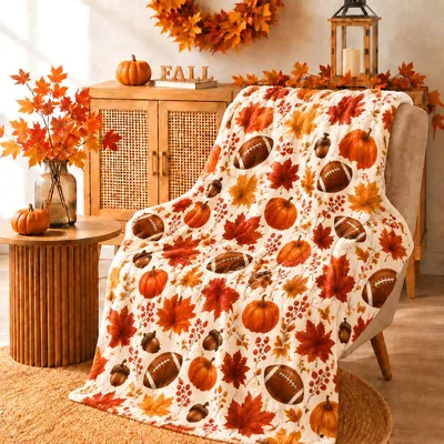 Fall Football Pumpkins & Blanket for Cozy Autumn Days
