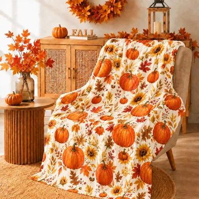 Autumn Pumpkins and Sunflowers Blanket: Harvest Season Throw