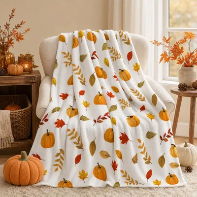Cream Pumpkin Patch Blanket: A Fall Throw with Leaves and Pumpkins