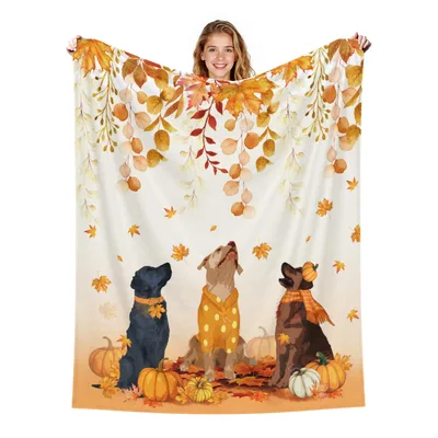 Fall Dogs Autumn Blanket: Three Canines in Fall Leaves and Pumpkins