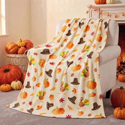 Turkeys Pumpkins & Pilgrim Blanket features watercolor