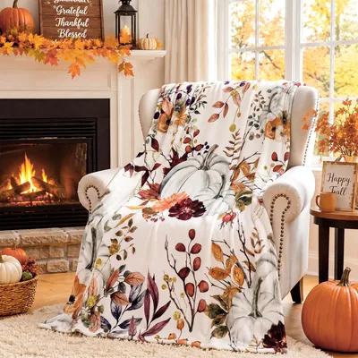 Fall Pumpkin Floral Blanket: Watercolor Harvest Design for Cozy Season