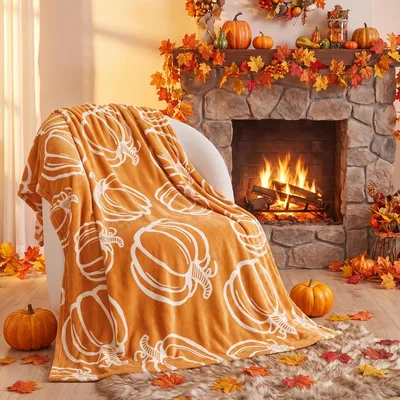 White Pumpkin Outline Pattern Blanket for Autumn Decor