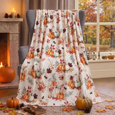 Autumn Pumpkins and Leaves Blanket for Cozy Fall Decor