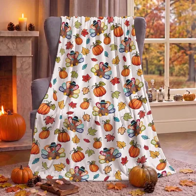 Thanksgiving Turkey Pumpkin Blanket features cute cartoon