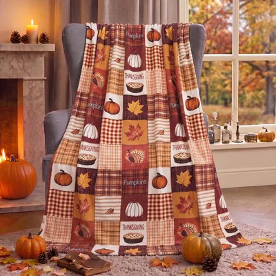 Thanksgiving Patchwork Pumpkin Turkey Blanket Fall Harvest Design