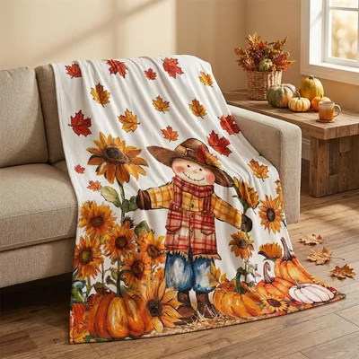Fall Scarecrow with Pumpkins and Leaves Blanket: Autumn Harvest Joy