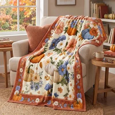 Pumpkins and Autumn Florals Blanket featuring vintage-style orange