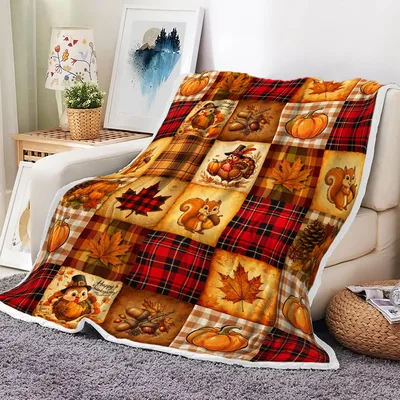 Fall Patchwork Thanksgiving Blanket with Plaid and Turkey Print