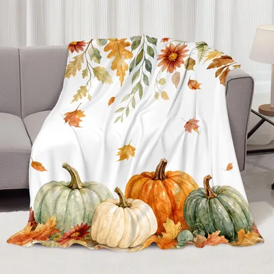Autumn Harvest Pumpkins Blanket: Watercolor Gourd and Leaf Design