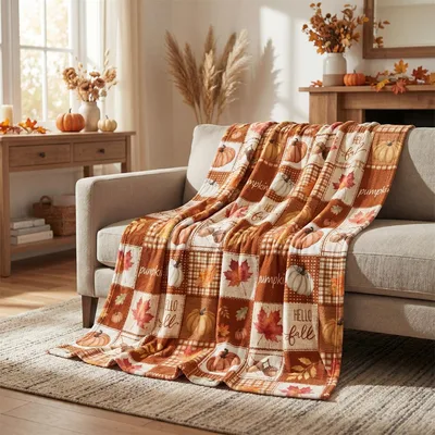 Hello Fall Pumpkin Patchwork Blanket for Autumn Cozy Vibes