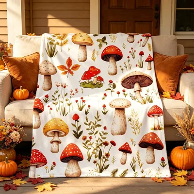 Cottagecore Mushroom Botanical Blanket: Fall Fungi and Floral Throw