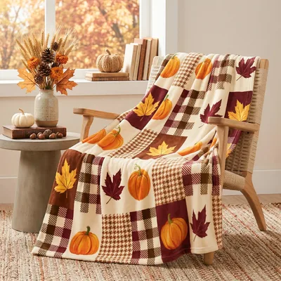 Autumn Leaves Plaid Blanket: Fall Pumpkin Leaves Design