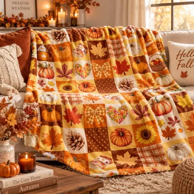 Autumn Patchwork Pumpkins Blanket features a cozy