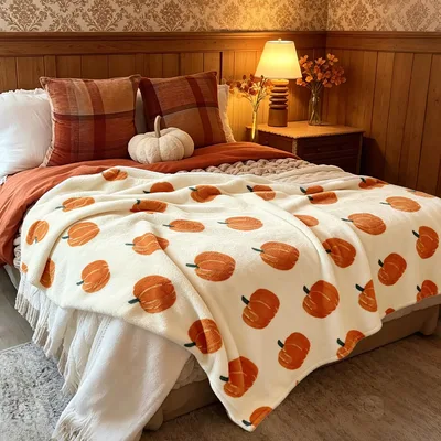 Cream Pumpkin Patch Toss Blanket for Autumn Home Decor