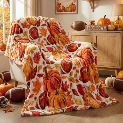 Cream Pumpkin Football Harvest Blanket featuring watercolor pumpkins