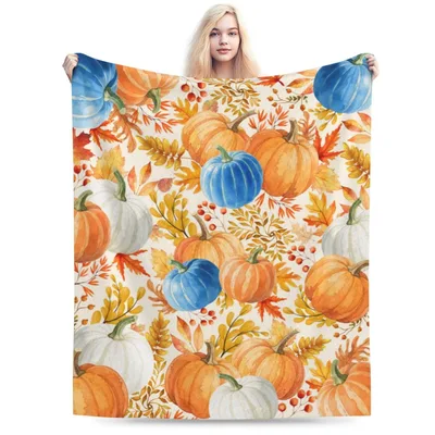 Cream Pumpkins with Blue Blanket: Watercolor Harvest Print