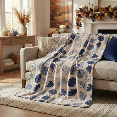 Fall Pumpkin Leaf Pattern Blanket featuring navy pumpkins